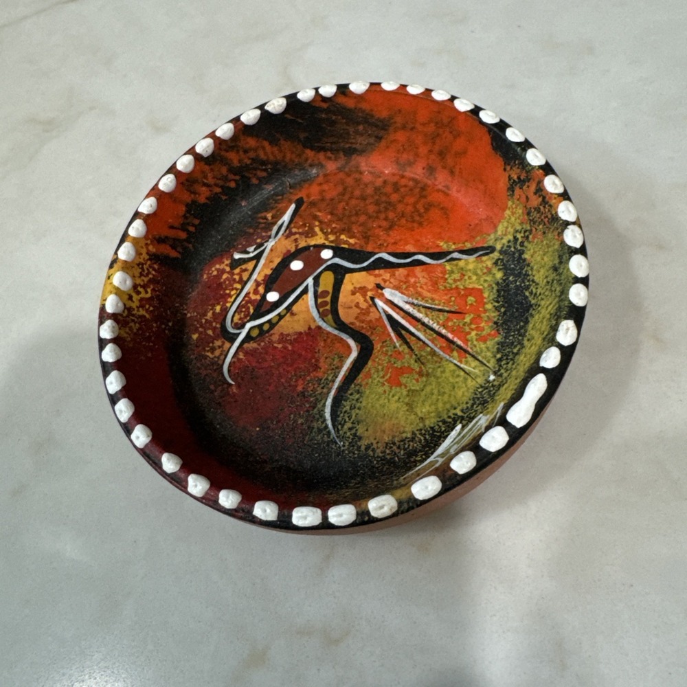 Australian Aboriginal Pottery Hand Painted Terra Cotta Dish Waterhole Dreaming